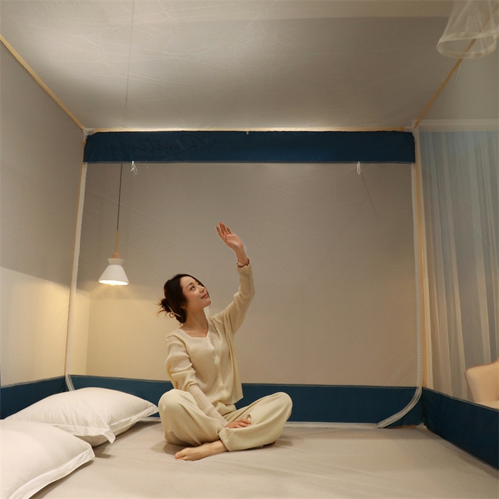 91家纺网 家纺一手货源 找家纺 佳梦家纺 2023新款方顶印花坐床蚊帐 恋家-蓝