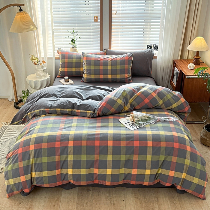 91家纺网 家纺一手货源 找家纺 柠萌家居 2024新款无印风A类全棉色织水洗棉四件套 雅蒂-灰