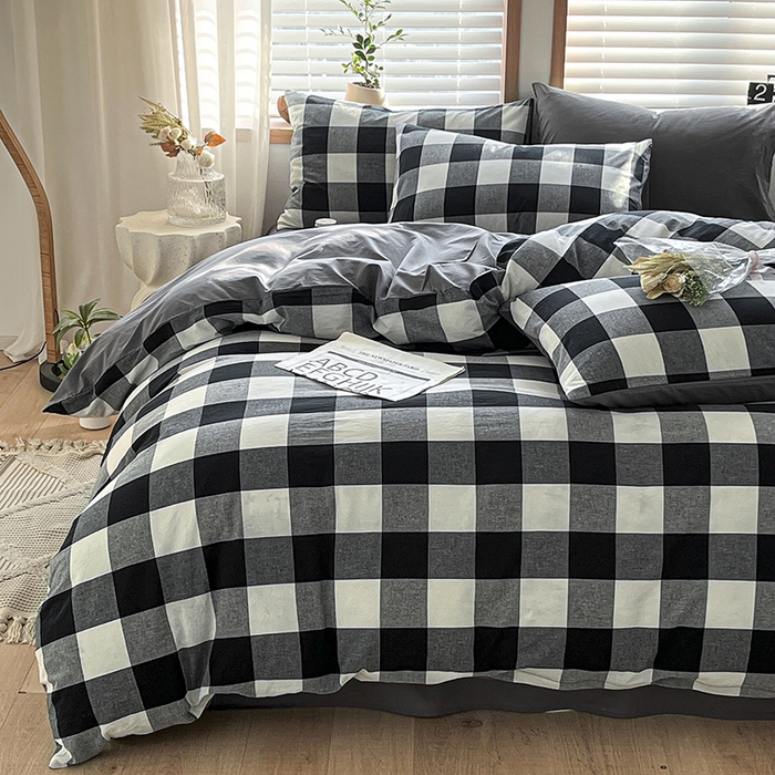 91家纺网 家纺一手货源 找家纺 柠萌家居 2024新款无印风A类全棉色织水洗棉四件套 留恋时光-黑