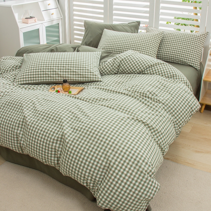 91家纺网 家纺一手货源 找家纺 柠萌家居 2024新款无印风A类全棉色织水洗棉四件套 小格绿