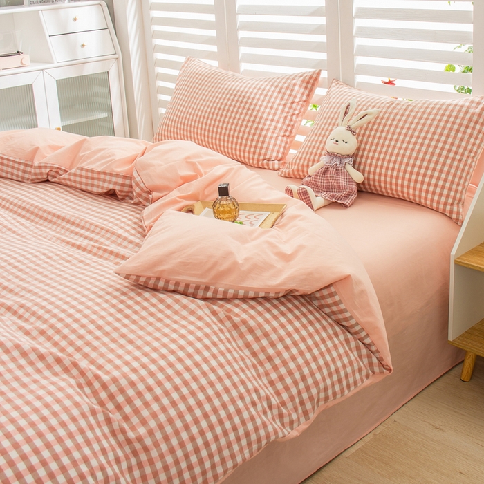 91家纺网 家纺一手货源 找家纺 柠萌家居 2024新款无印风A类全棉色织水洗棉四件套 蜜粉格