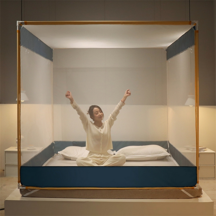 91家纺网 家纺一手货源 找家纺 佳梦家纺 2023新款方顶印花坐床蚊帐 恋家-蓝