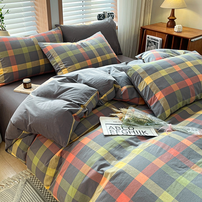 91家纺网 家纺一手货源 找家纺 柠萌家居 2024新款无印风A类全棉色织水洗棉四件套 雅蒂-灰