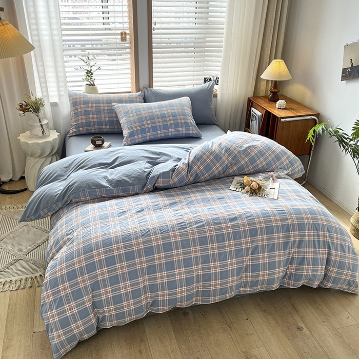 91家纺网 家纺一手货源 找家纺 柠萌家居 2024新款无印风A类全棉色织水洗棉四件套 麦凯-蓝