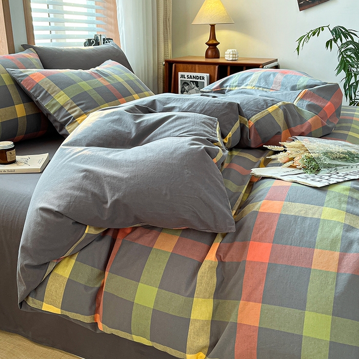 91家纺网 家纺一手货源 找家纺 柠萌家居 2024新款无印风A类全棉色织水洗棉四件套 雅蒂-灰