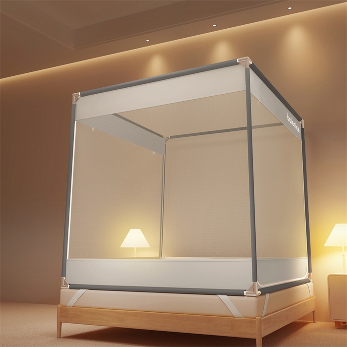 91家纺网 家纺一手货源 找家纺 佳梦家纺 2024新款方顶坐床蚊帐系列 光年系列 光年灰