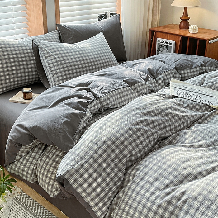 91家纺网 家纺一手货源 找家纺 柠萌家居 2024新款无印风A类全棉色织水洗棉四件套 尚品-灰