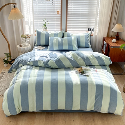 柠萌家居 2024新款无印风A类全棉色织水洗棉四件套 初享时光-浅蓝