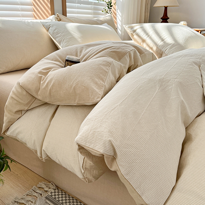 91家纺网 家纺一手货源 找家纺 柠萌家居 2024新款无印风A类全棉色织水洗棉四件套 米密条纹