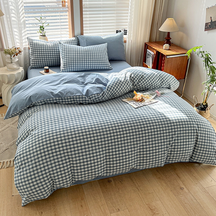 91家纺网 家纺一手货源 找家纺 柠萌家居 2024新款无印风A类全棉色织水洗棉四件套 尚品-蓝