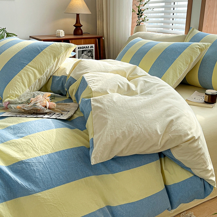 91家纺网 家纺一手货源 找家纺 柠萌家居 2024新款无印风A类全棉色织水洗棉四件套 初享时光-兰