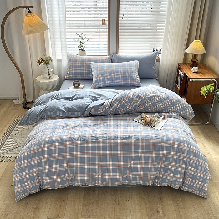 91家纺网 家纺一手货源 找家纺 柠萌家居 2024新款无印风A类全棉色织水洗棉四件套 麦凯-蓝