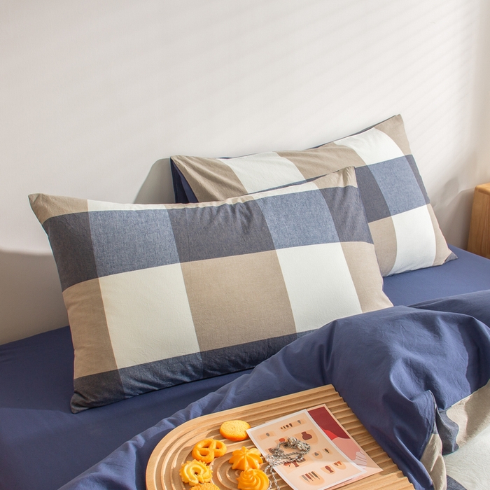 91家纺网 家纺一手货源 找家纺 柠萌家居 2024新款无印风A类全棉色织水洗棉四件套 蓝调格