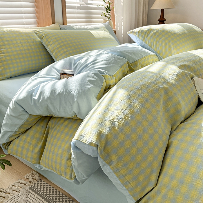 91家纺网 家纺一手货源 找家纺 柠萌家居 2024新款无印风A类全棉色织水洗棉四件套 星辰-蓝黄