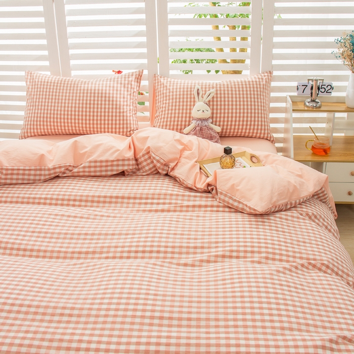 91家纺网 家纺一手货源 找家纺 柠萌家居 2024新款无印风A类全棉色织水洗棉四件套 蜜粉格