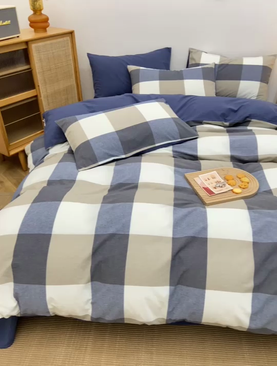 91家纺网 家纺一手货源 找家纺 柠萌家居 2024新款无印风A类全棉色织水洗棉四件套 蓝调格