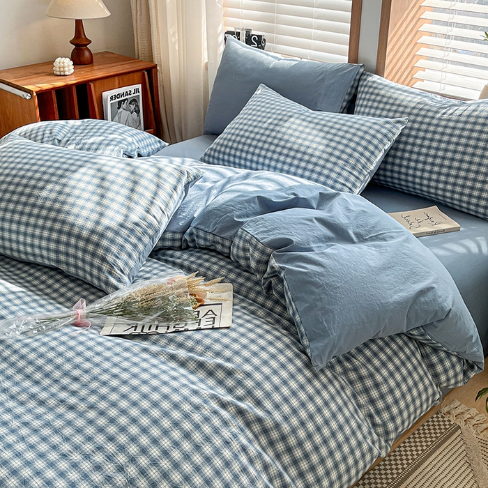 91家纺网 家纺一手货源 找家纺 柠萌家居 2024新款无印风A类全棉色织水洗棉四件套 尚品-蓝