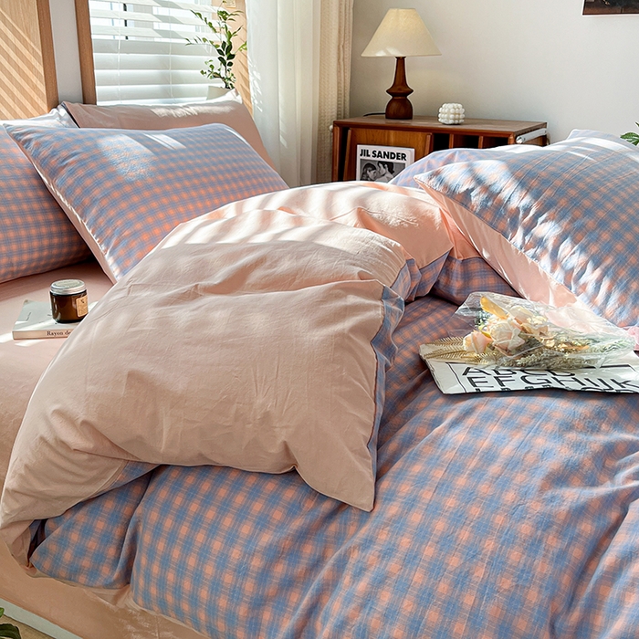 91家纺网 家纺一手货源 找家纺 柠萌家居 2024新款无印风A类全棉色织水洗棉四件套 星辰-蓝桔