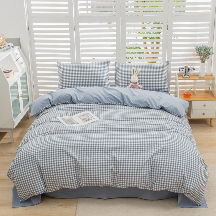 91家纺网 家纺一手货源 找家纺 柠萌家居 2024新款无印风A类全棉色织水洗棉四件套 蓝小格