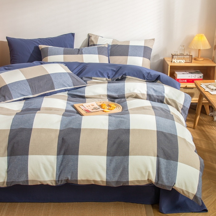 91家纺网 家纺一手货源 找家纺 柠萌家居 2024新款无印风A类全棉色织水洗棉四件套 蓝调格