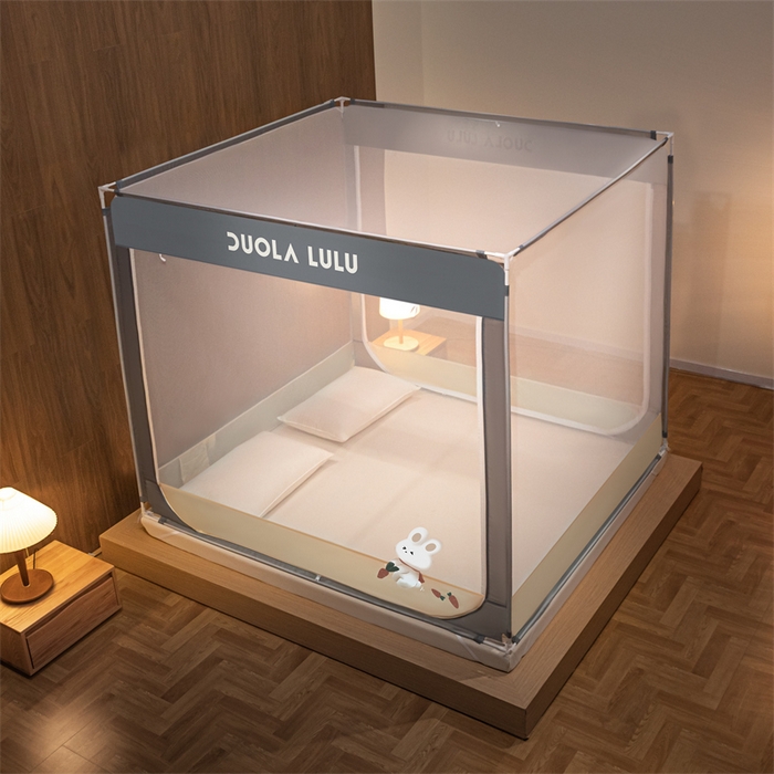 91家纺网 家纺一手货源 找家纺 佳梦家纺 2023新款方顶烫画坐床蚊帐 LULU-奶油黄