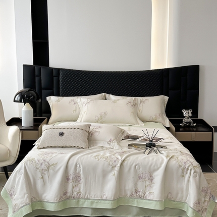 娇逸家居 2025新款50支莱赛尔镂空花边印花天丝夏被 暮云-绿