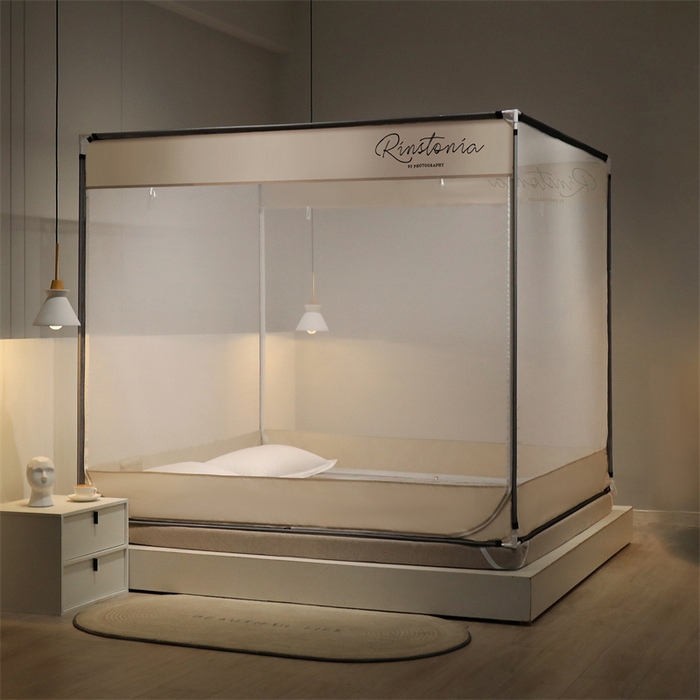 91家纺网 家纺一手货源 找家纺 佳梦家纺 2023新款方顶印花坐床蚊帐 恋家-米色