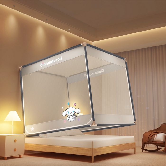 91家纺网 家纺一手货源 找家纺 佳梦家纺 2024新款方顶坐床蚊帐系列 三丽鸥系列 奶茶玉桂-灰