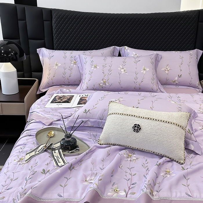 91家纺网 家纺一手货源 找家纺 娇逸家居 2025新款50支莱赛尔镂空花边印花天丝夏被 暖枝