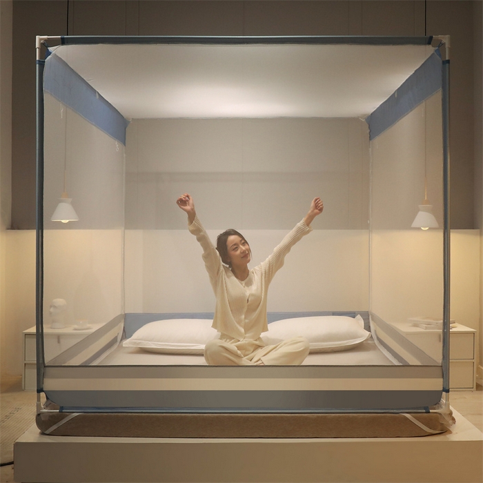 91家纺网 家纺一手货源 找家纺 佳梦家纺 2023新款方顶印花坐床蚊帐 知夏-黎明蓝