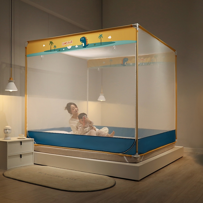 91家纺网 家纺一手货源 找家纺 佳梦家纺 2023新款方顶印花坐床蚊帐 恐龙岛