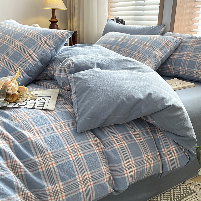 91家纺网 家纺一手货源 找家纺 柠萌家居 2024新款无印风A类全棉色织水洗棉四件套 麦凯-蓝