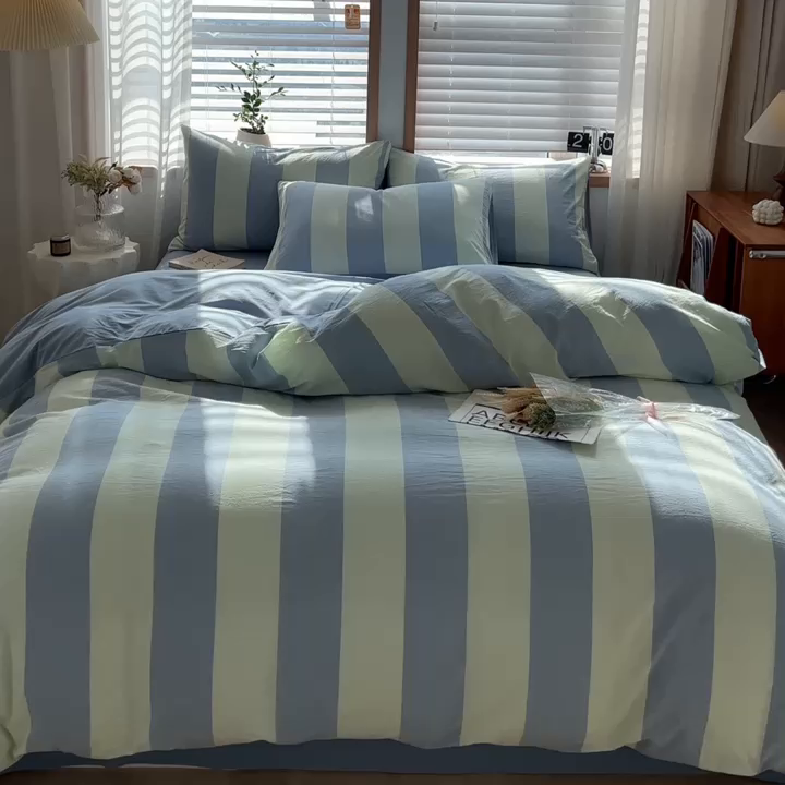 91家纺网 家纺一手货源 找家纺 柠萌家居 2024新款无印风A类全棉色织水洗棉四件套 初享时光-浅蓝