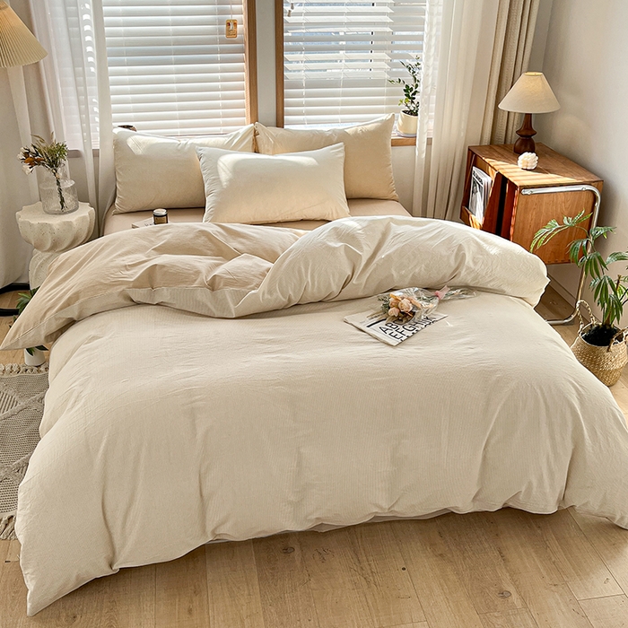 91家纺网 家纺一手货源 找家纺 柠萌家居 2024新款无印风A类全棉色织水洗棉四件套 米密条纹