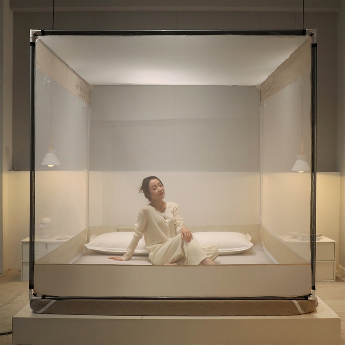 91家纺网 家纺一手货源 找家纺 佳梦家纺 2023新款方顶印花坐床蚊帐 恋家-米色