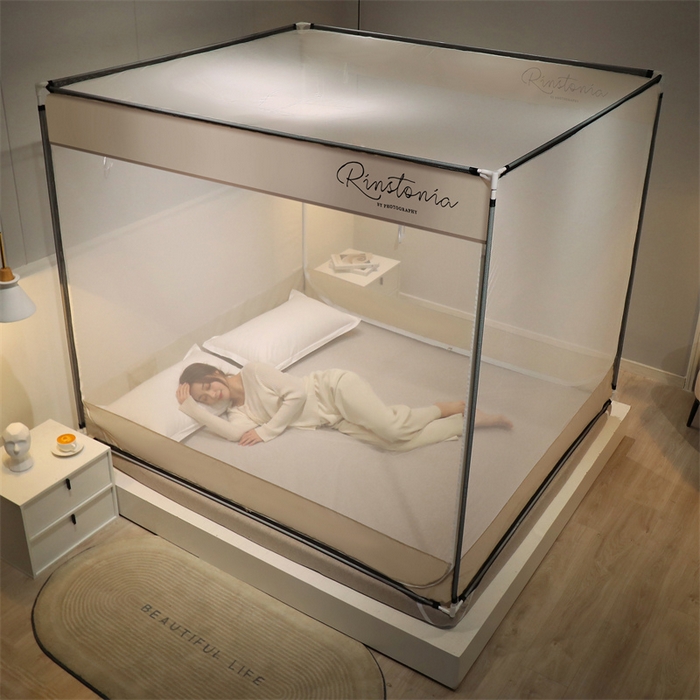 91家纺网 家纺一手货源 找家纺 佳梦家纺 2023新款方顶印花坐床蚊帐 恋家-米色