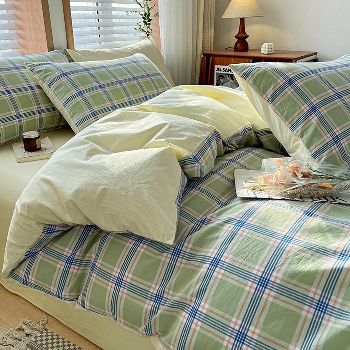 91家纺网 家纺一手货源 找家纺 柠萌家居 2024新款无印风A类全棉色织水洗棉四件套 麦凯-绿