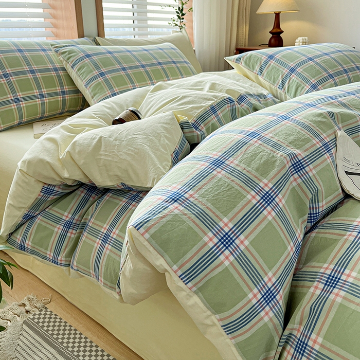 91家纺网 家纺一手货源 找家纺 柠萌家居 2024新款无印风A类全棉色织水洗棉四件套 麦凯-绿