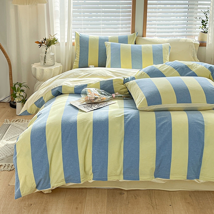 91家纺网 家纺一手货源 找家纺 柠萌家居 2024新款无印风A类全棉色织水洗棉四件套 初享时光-兰