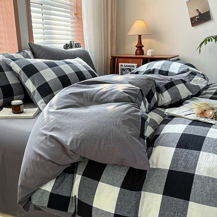 91家纺网 家纺一手货源 找家纺 柠萌家居 2024新款无印风A类全棉色织水洗棉四件套 留恋时光-黑