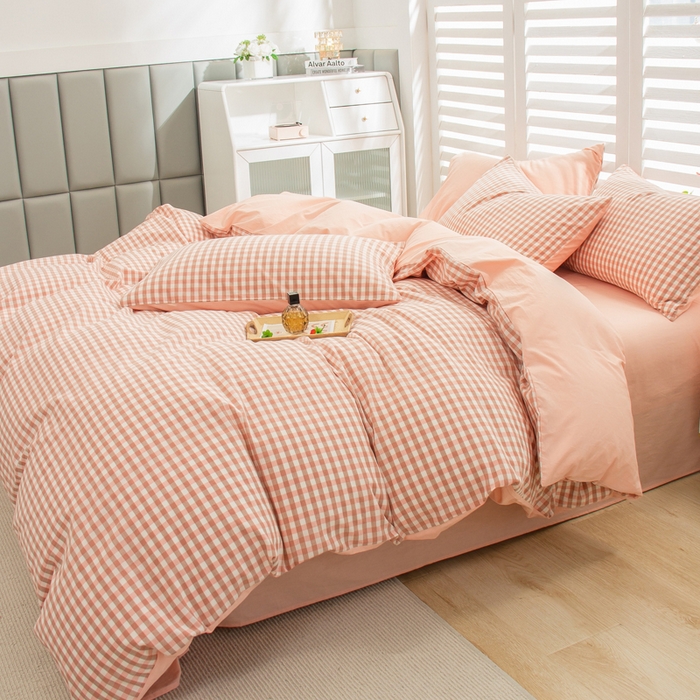 91家纺网 家纺一手货源 找家纺 柠萌家居 2024新款无印风A类全棉色织水洗棉四件套 蜜粉格