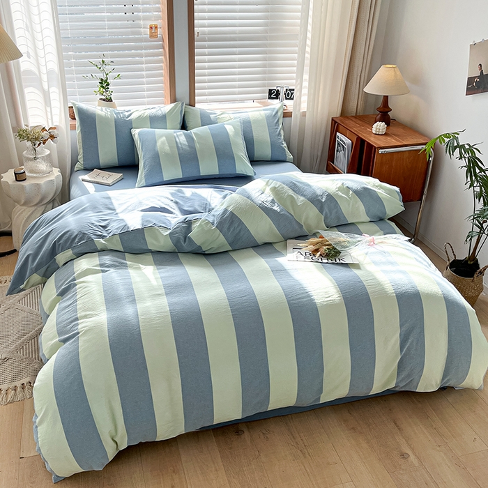 91家纺网 家纺一手货源 找家纺 柠萌家居 2024新款无印风A类全棉色织水洗棉四件套 初享时光-浅蓝