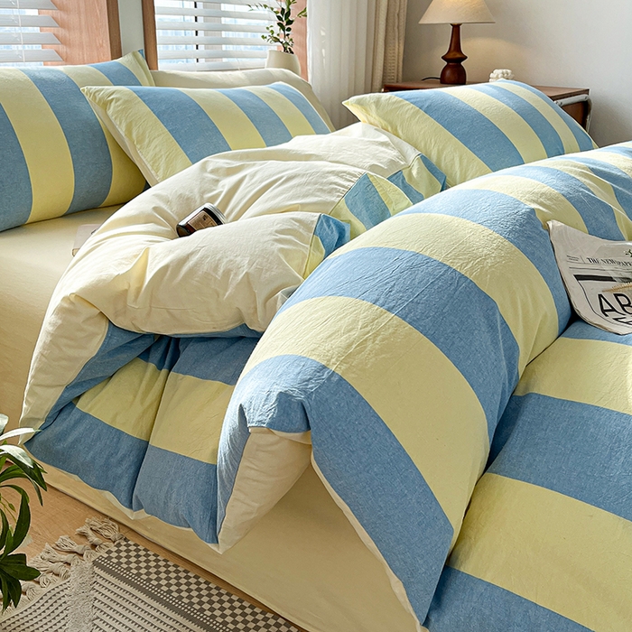 91家纺网 家纺一手货源 找家纺 柠萌家居 2024新款无印风A类全棉色织水洗棉四件套 初享时光-兰