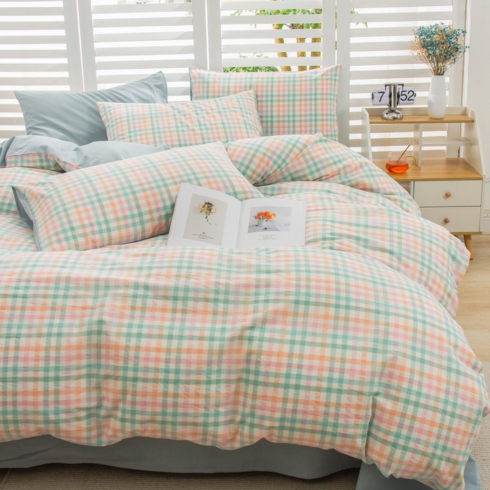 91家纺网 家纺一手货源 找家纺 柠萌家居 2024新款无印风A类全棉色织水洗棉四件套 冰激凌绿