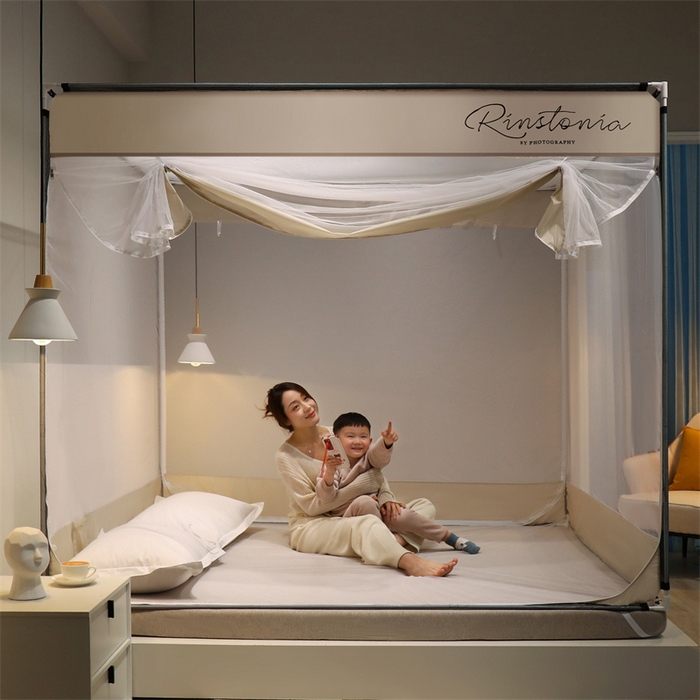 91家纺网 家纺一手货源 找家纺 佳梦家纺 2023新款方顶印花坐床蚊帐 恋家-米色