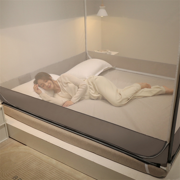 91家纺网 家纺一手货源 找家纺 佳梦家纺 2023新款方顶印花坐床蚊帐 恋家-灰色