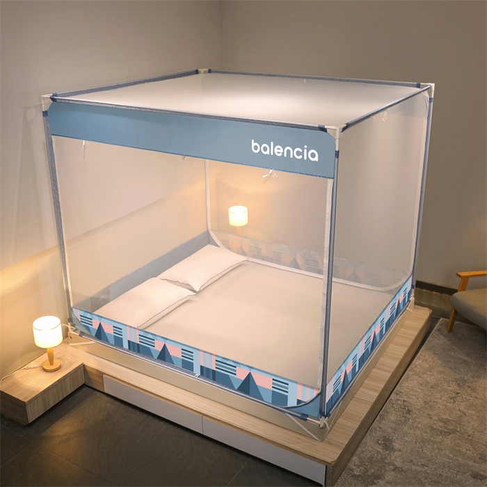 91家纺网 家纺一手货源 找家纺 佳梦家纺 2023新款方顶印花坐床蚊帐 微雨蓝