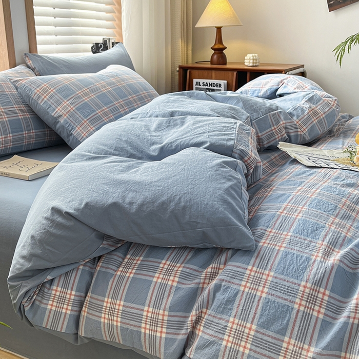 91家纺网 家纺一手货源 找家纺 柠萌家居 2024新款无印风A类全棉色织水洗棉四件套 麦凯-蓝