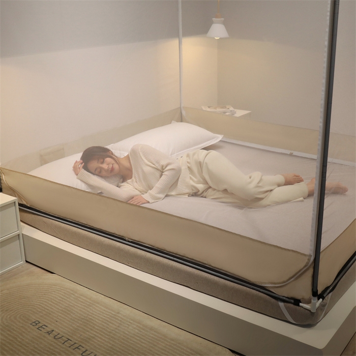 91家纺网 家纺一手货源 找家纺 佳梦家纺 2023新款方顶印花坐床蚊帐 恋家-米色