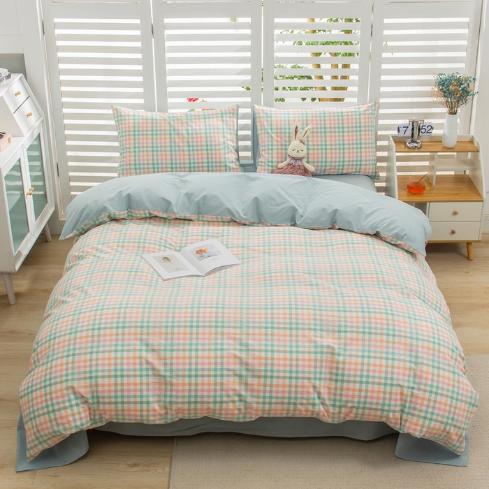 91家纺网 家纺一手货源 找家纺 柠萌家居 2024新款无印风A类全棉色织水洗棉四件套 冰激凌绿